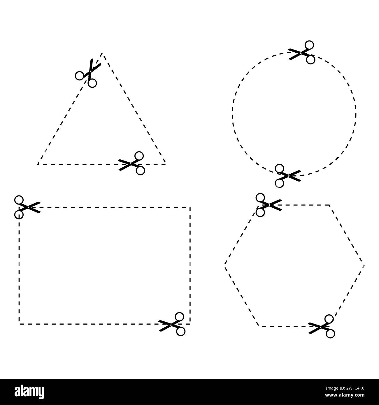Figura geometrica. Linea di taglio. Icona delle forbici. Disegno tratteggio. Forma del contorno. Illustrazione vettoriale. Immagine stock. EPS 10. Illustrazione Vettoriale