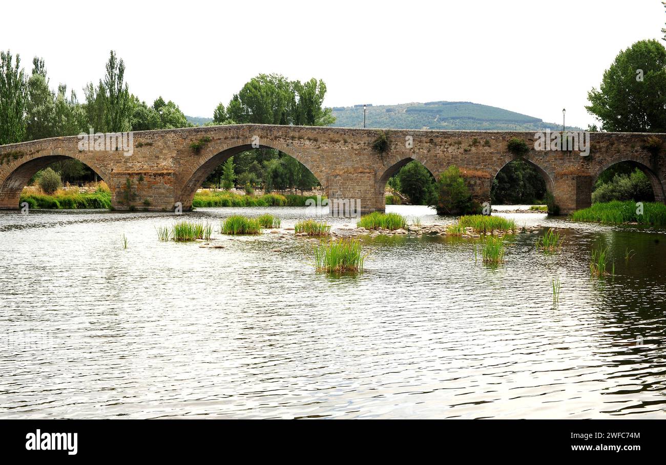 El Barco de Avila, ponte romanico (Puente Viejo) e fiume Tormes. Provincia di Avila, Castilla y Leon, Spagna. Foto Stock