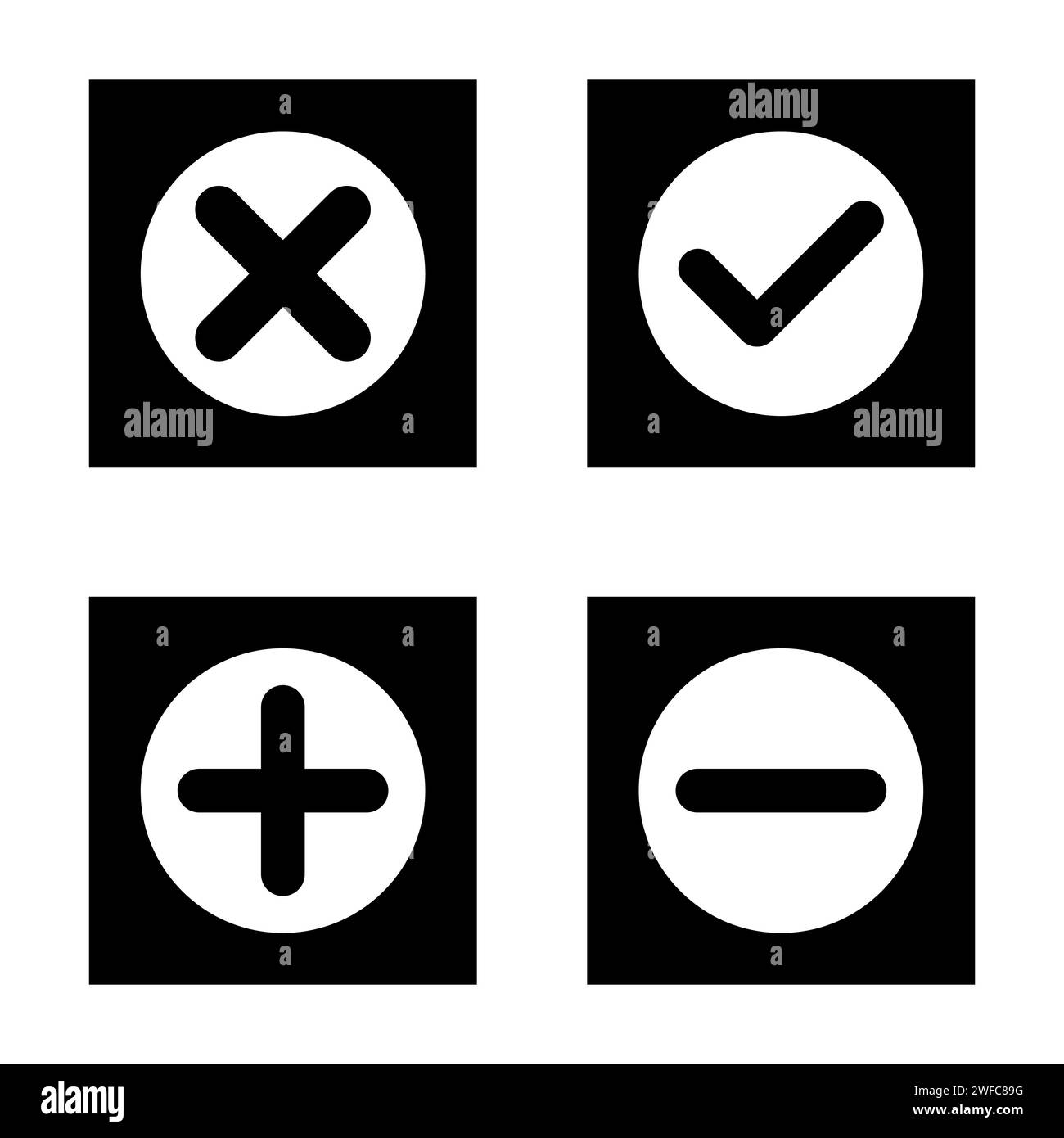 Icone più, meno, croce e contrassegno. Cerchio nero. Quattro validazioni colorate. Segno di spunta. Illustrazione vettoriale. Immagine stock. EPS 10. Illustrazione Vettoriale