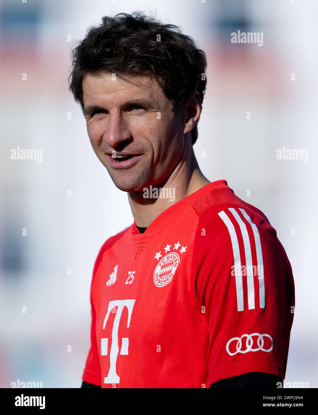 Monaco, Germania. 30 gennaio 2024. Calcio: FC Bayern Monaco di Baviera sessione pubblica di allenamento presso il campo di allenamento di Säbener Straße. Thomas Müller del Bayern Monaco prende parte alla formazione. Crediti: Sven Hoppe/dpa/Alamy Live News Foto Stock