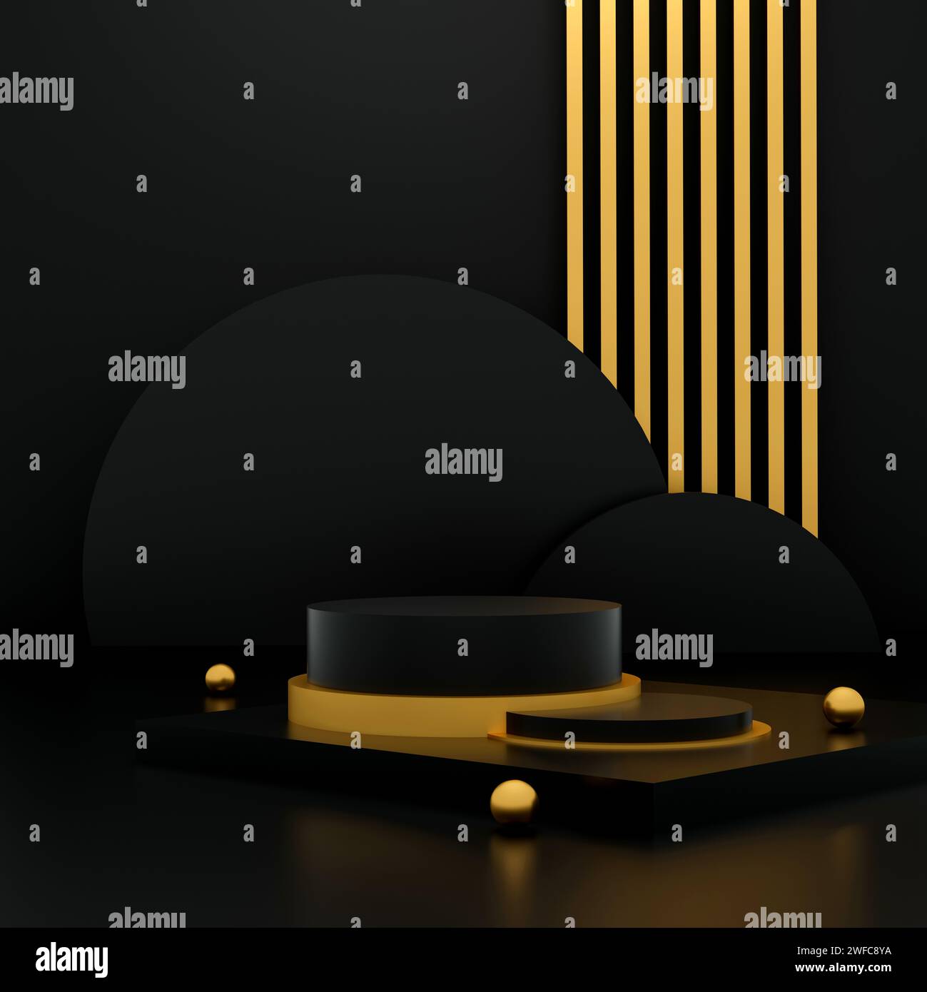 bellezza, gioielli e modello cosmetico spa. Questa raffinata e moderna illustrazione 3D presenta un elegante podio in pietra scura, che irradia una Foto Stock