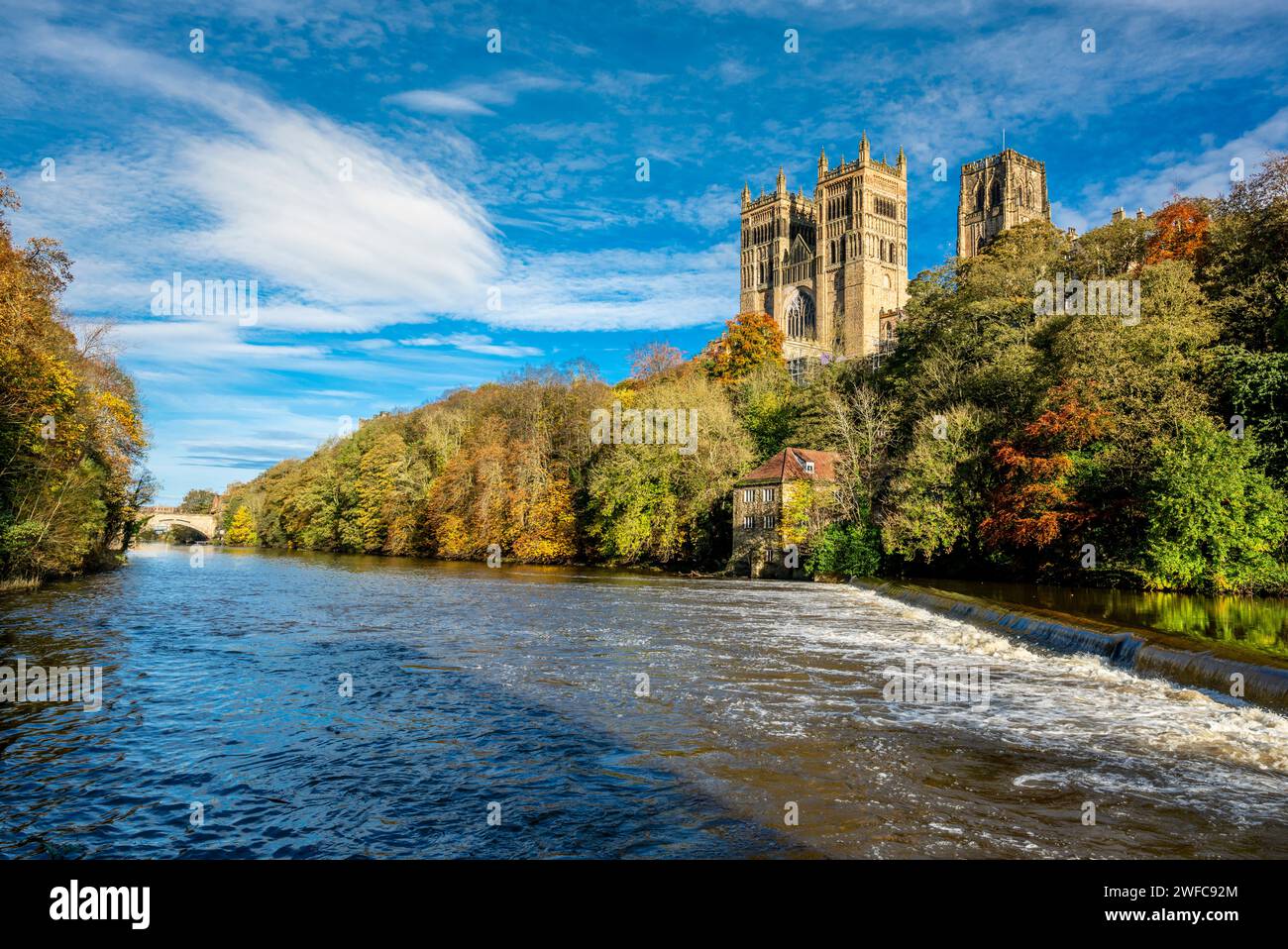 Colorato bosco autunnale, l'Old Fulling Mill e la Cattedrale di Durham a novembre sulle rive del fiume Wear, Durham, Inghilterra, Regno Unito Foto Stock