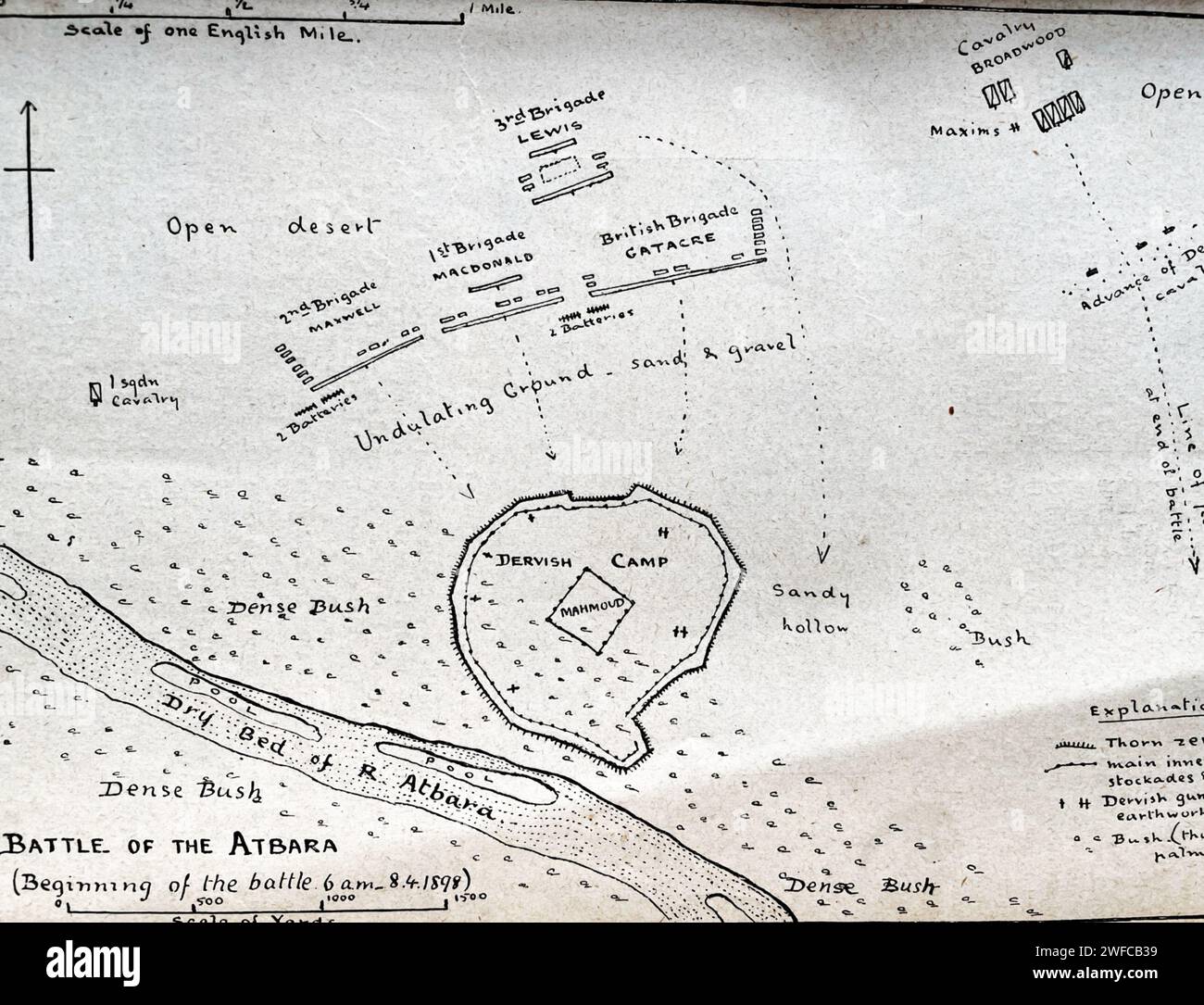 BATTAGLIA DI ATBARA, Sudan, 8 aprile 1898. Mappa che mostra l'accampamento Mahdista circondato. Foto Stock