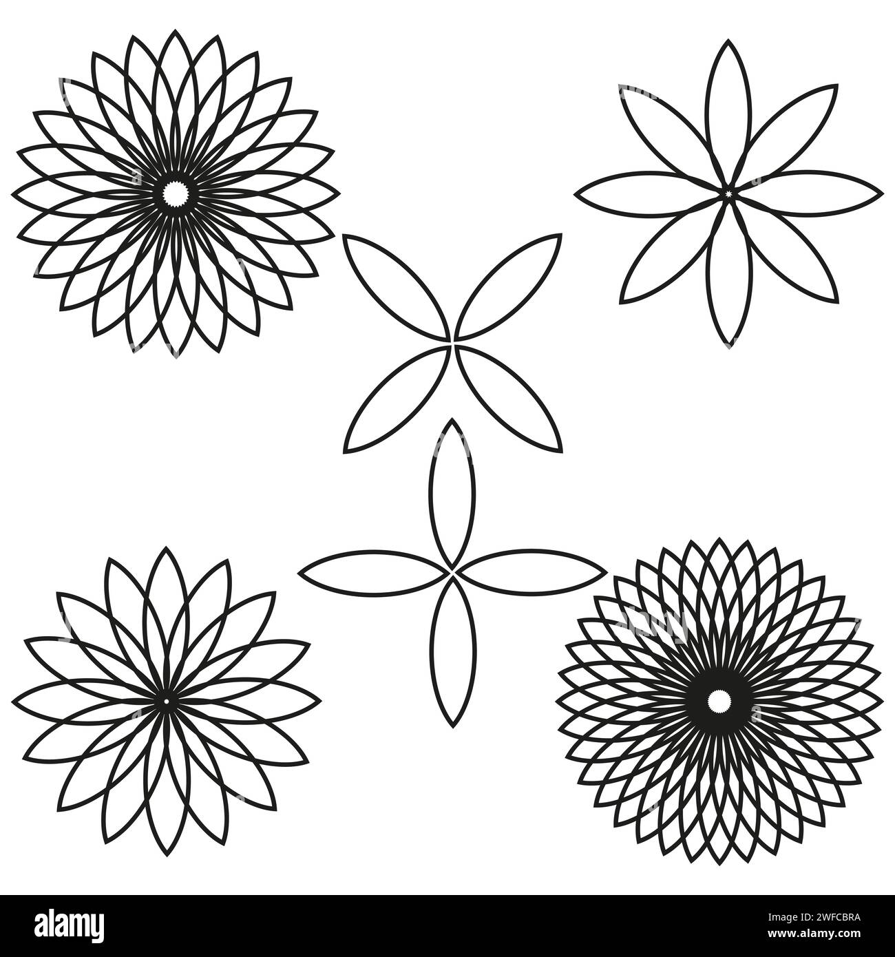 Icone di fiori impostate in stile astratto. Sfondo estivo floreale. Illustrazione vettoriale. Immagine stock. EPS 10. Illustrazione Vettoriale