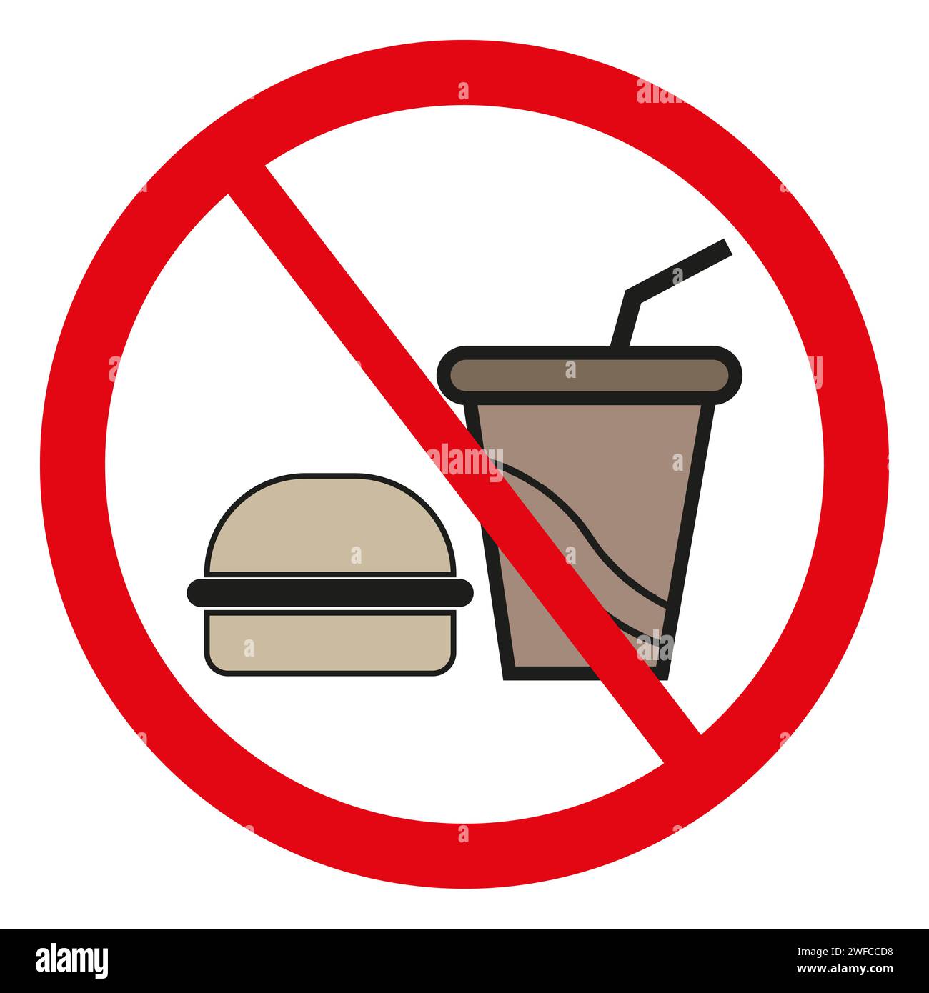 Cartello proibizionismo Burger cola. Segno vietato. Simbolo icona Ban. Illustrazione vettoriale. Immagine stock. EPS 10. Illustrazione Vettoriale