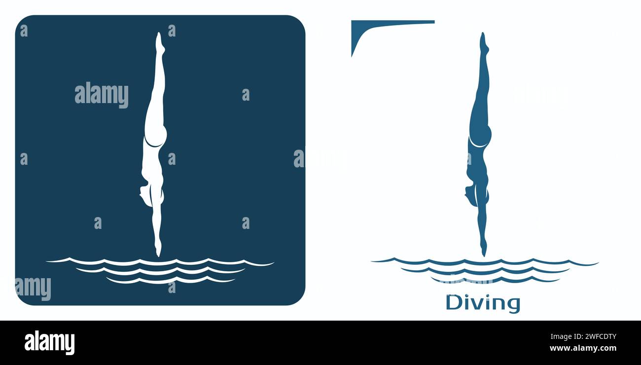 Icone dell'atleta subacqueo. Emblema Diver. La donna salta a testa in giù. Illustrazione Vettoriale