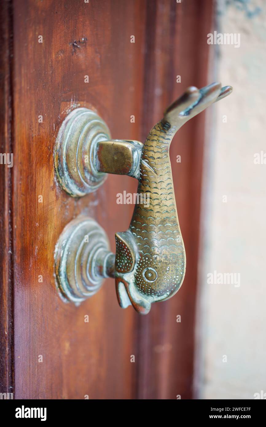 Immagine a colori ravvicinata di un battente in metallo d'epoca su una porta di legno. Foto Stock
