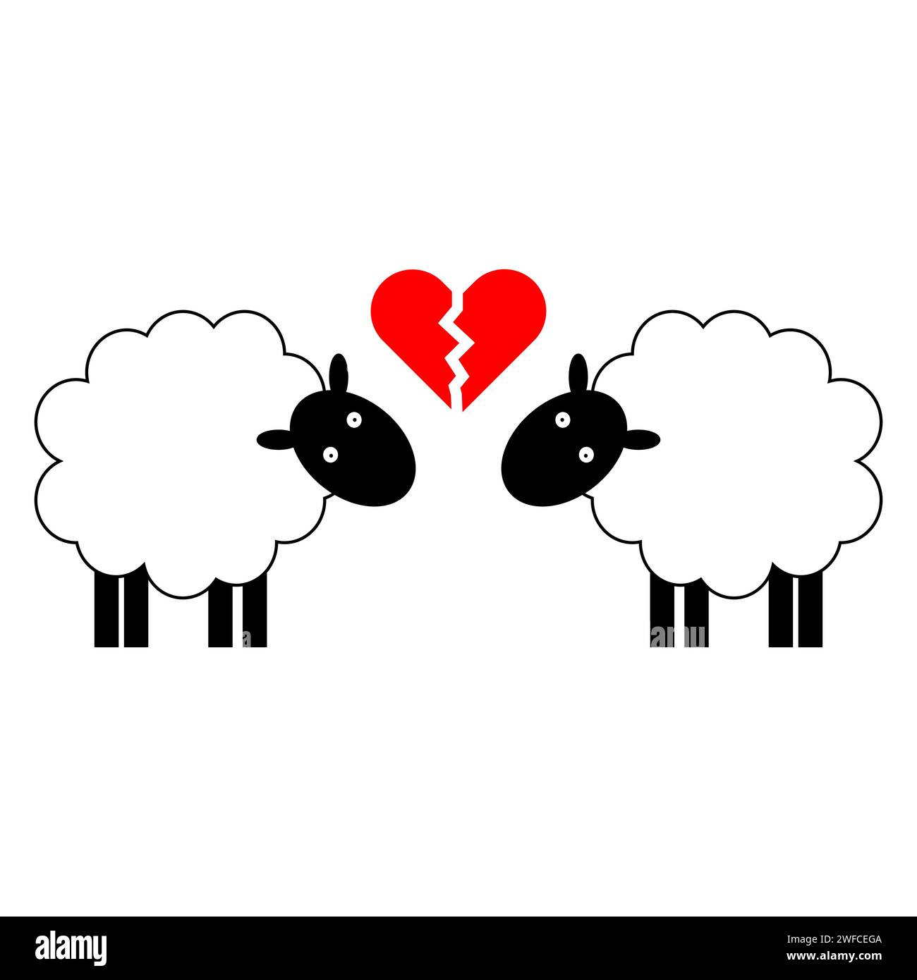 Due pecore a cuore spezzato nel cartone animato. Design dei personaggi. Arte digitale, simbolo Broken Love. Illustrazione vettoriale. immagine stock. EPS 10. Illustrazione Vettoriale