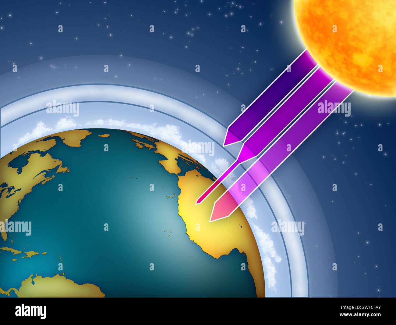 Ozono atmosferico che filtra i raggi ultravioletti del sole. Illustrazione digitale. Foto Stock