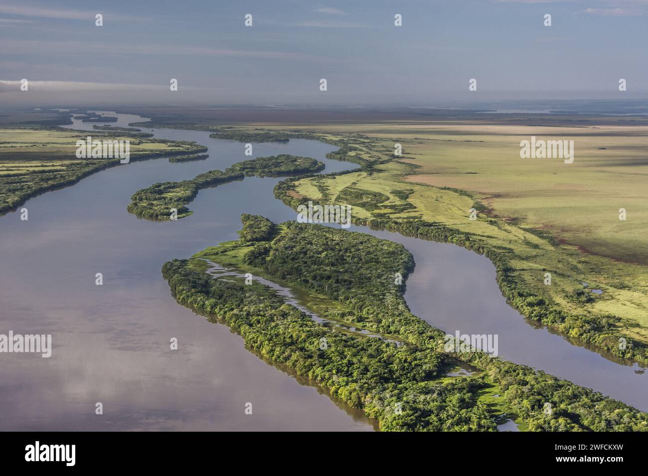 Vista aerea delle isole dell' arcipelago fluviale nel Parco Nazionale di Ilha grande - Foto Stock