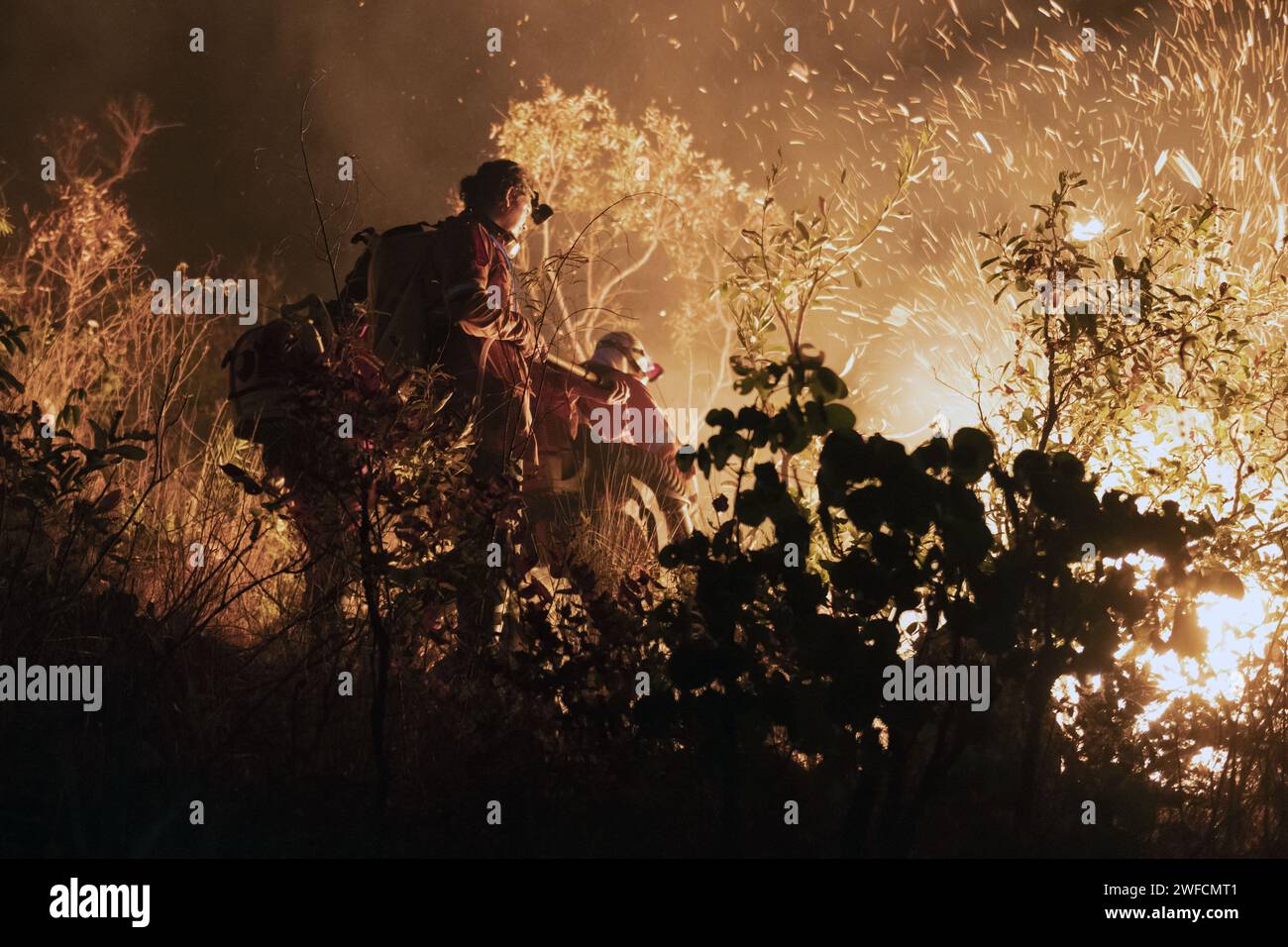 Prevfogo IBAMA Vigili del fuoco che combatte bruciature causate nel cerrado durante la stagione secca - Chapada dos Veadeiros - Foto Stock