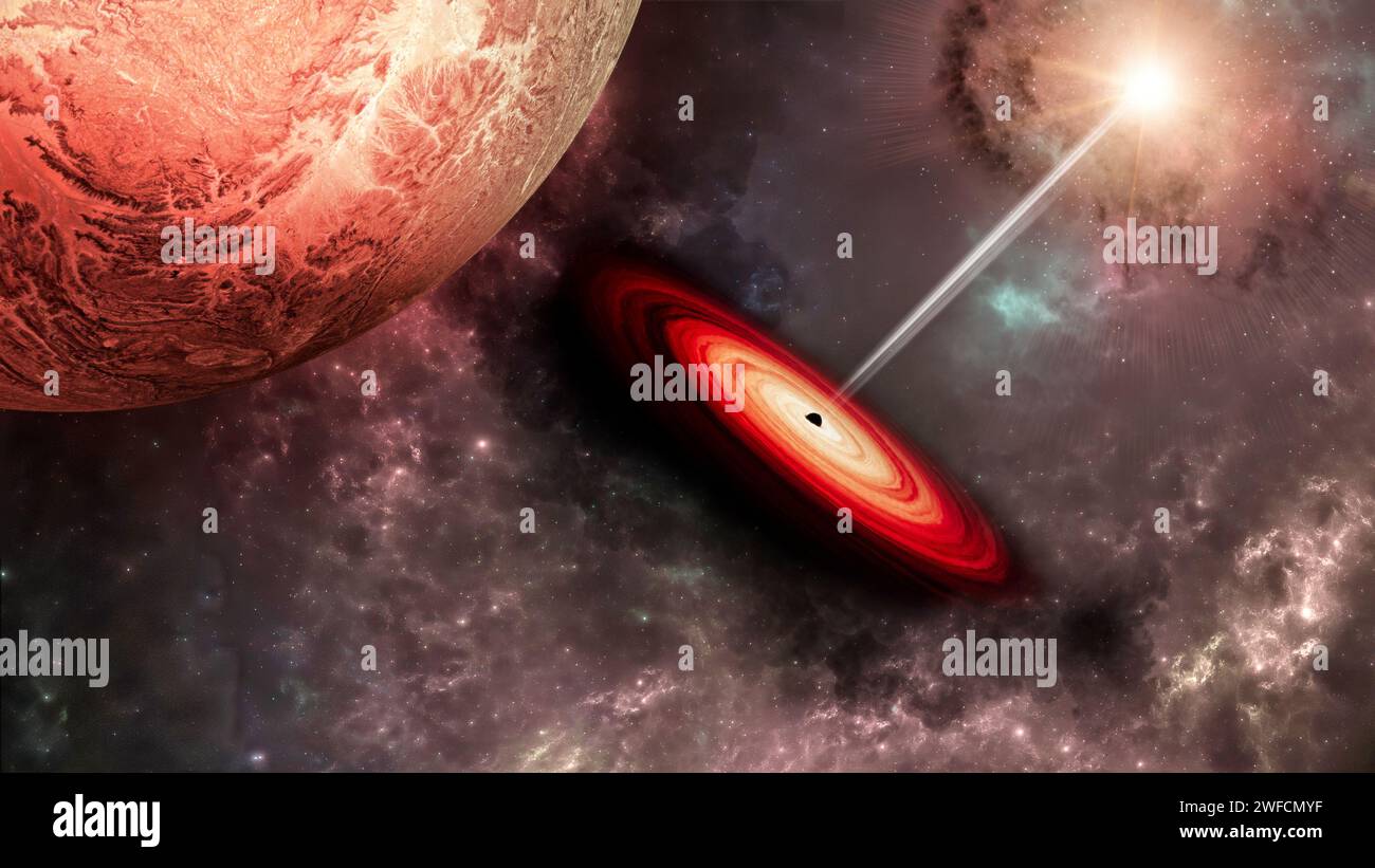 Pianeti e altri sistemi solari, nebulose e buchi neri, formazione di nuovi mondi, nascita dell'universo. rendering 3d. Foto Stock