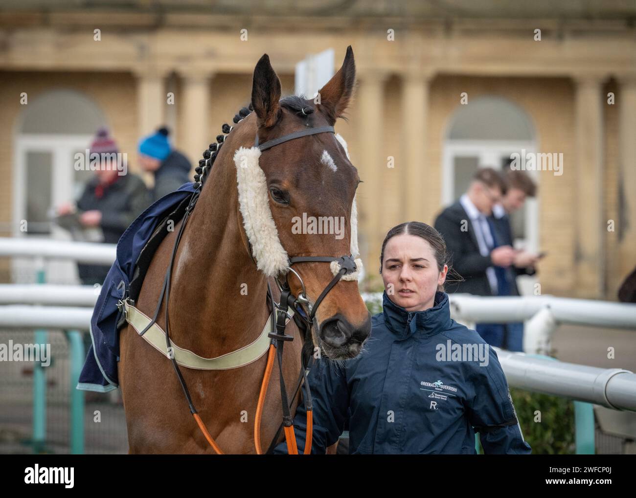 Snowy Evening vince la SBK Novices' handicap Chase a Doncaster per Oliver Greenall & Josh Guerriero e Henry Brooke il 28 gennaio 24 Foto Stock