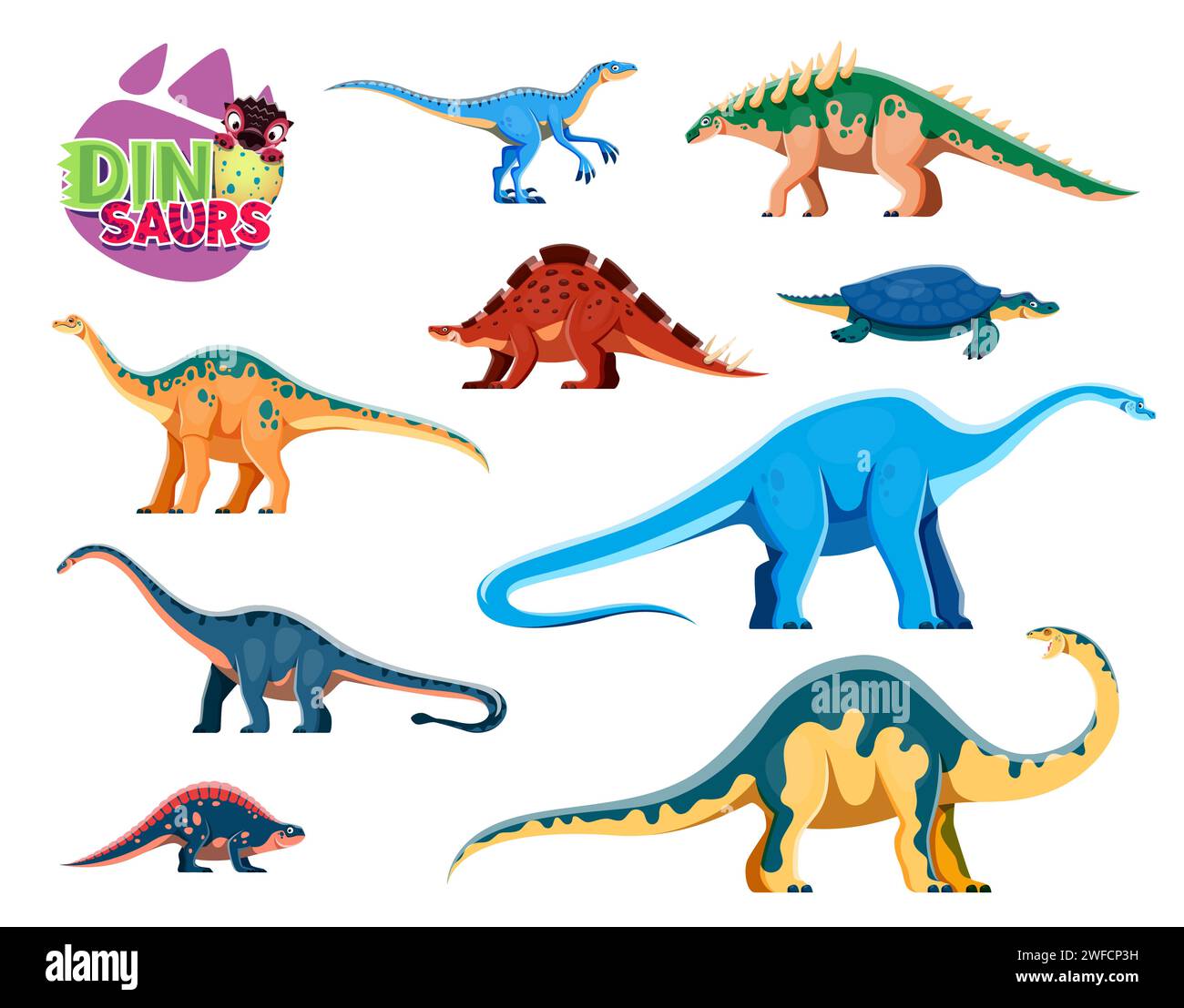 I dinosauri dei cartoni animati isolano personaggi carini. Eoraptor, Polacanthus, Wuerhosaurus e Henodus, Shunosaurus, Haplocanthosaurus e Melanorosaurus, Lotosaurus dinosauri vettoriali personaggi infantili Illustrazione Vettoriale