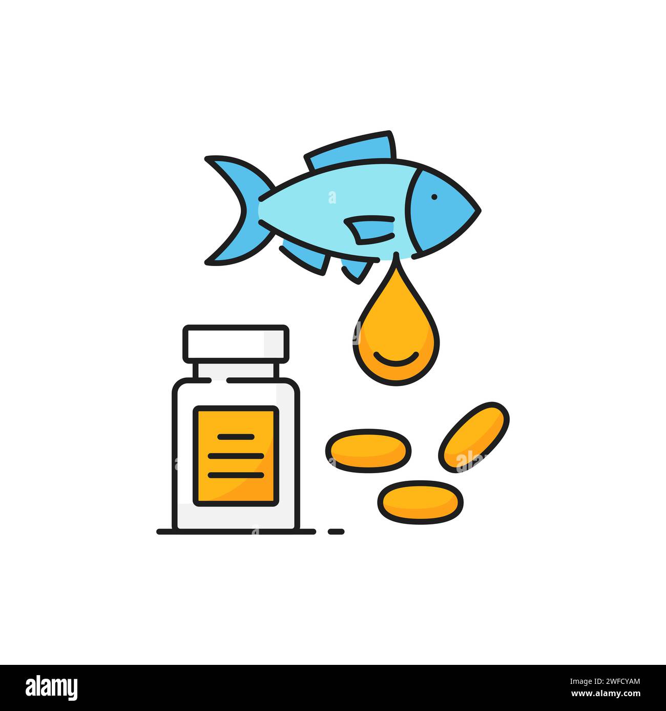 Icona della linea di capsule di olio di pesce dell'industria della pesca. Nutrizione sana, dieta vitamine e Omega 3 fonte naturale, integratore alimentare contorno icona vettore. Pittogramma della linea di prodotti ittici con pillole di olio di pesce Illustrazione Vettoriale