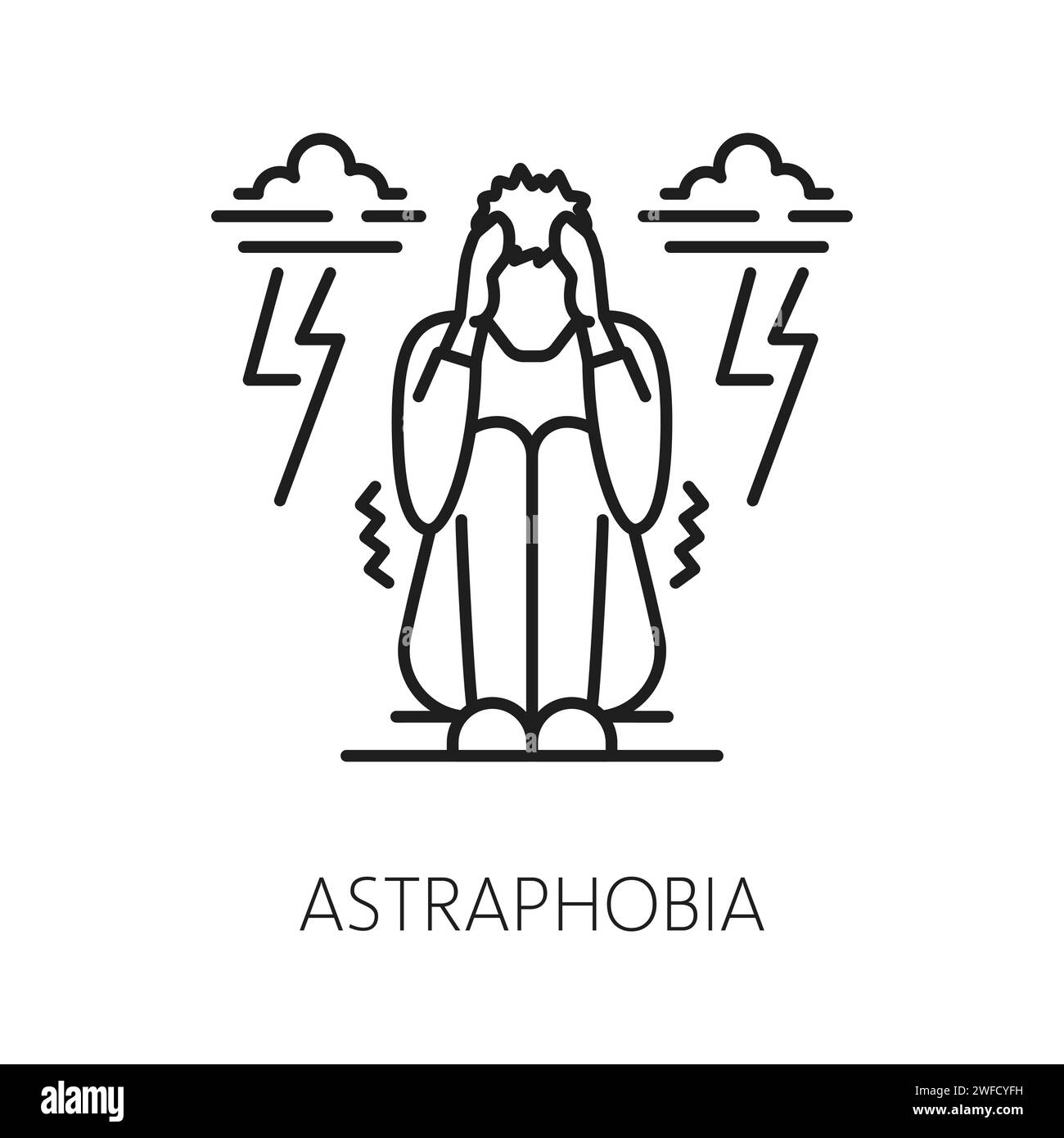 Astrafobia umana icona fobia, salute mentale. Paura di tuoni e fulmini, disturbi mentali, problemi psicologici delle persone simbolo di linea sottile o segno con l'uomo spaventato dal tuono Illustrazione Vettoriale