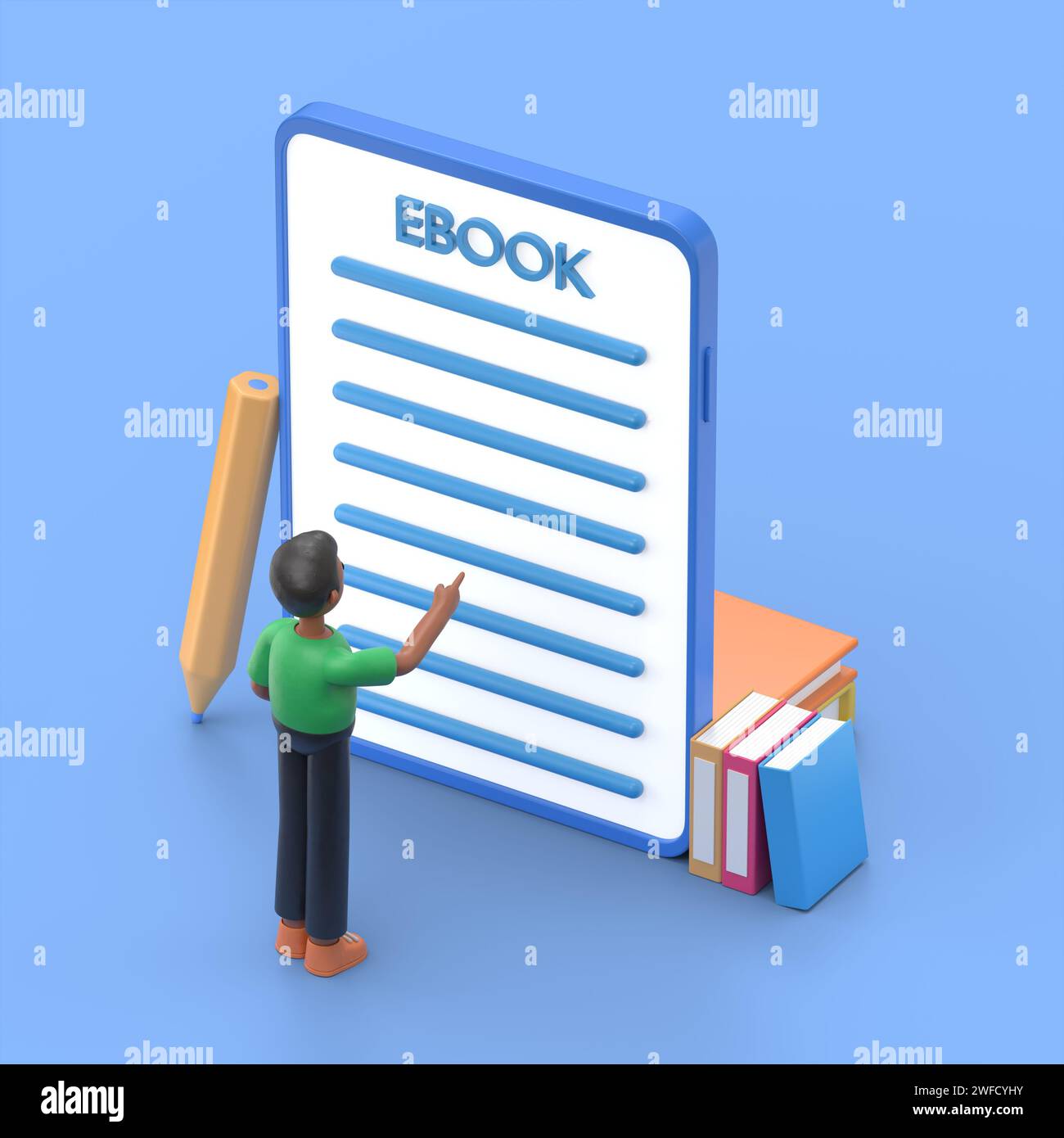 Concetto di e-book. Immagine di un uomo in piedi sui libri davanti allo schermo del tablet mobile. Stile 3D piatto. Foto Stock