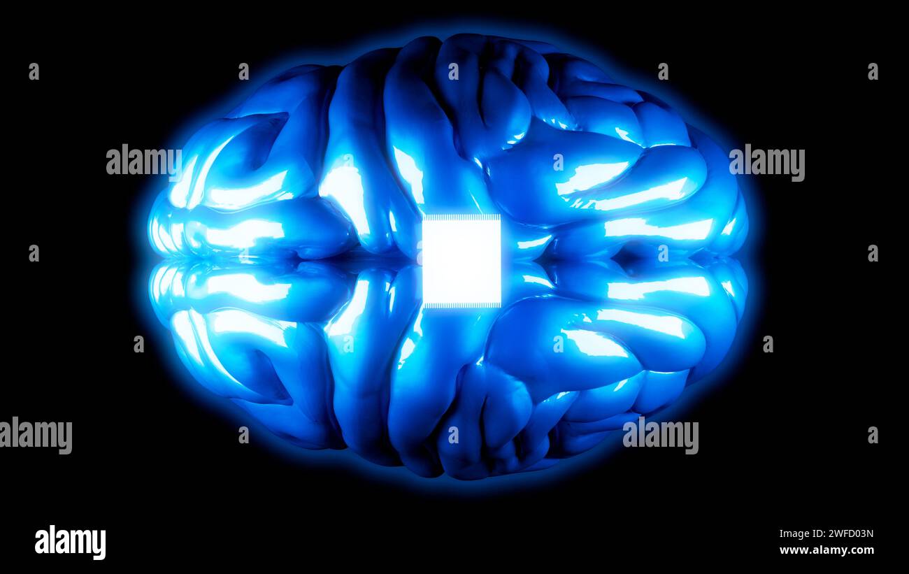 Link, neuralink, nuova tecnologia di intelligenza artificiale che ti permette di connetterti al cervello umano. Sensori Neuralink Foto Stock