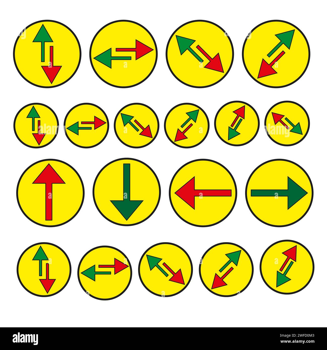 Frecce rosse nei cerchi gialli. Illustrazione vettoriale. immagine stock. EPS 10. Illustrazione Vettoriale