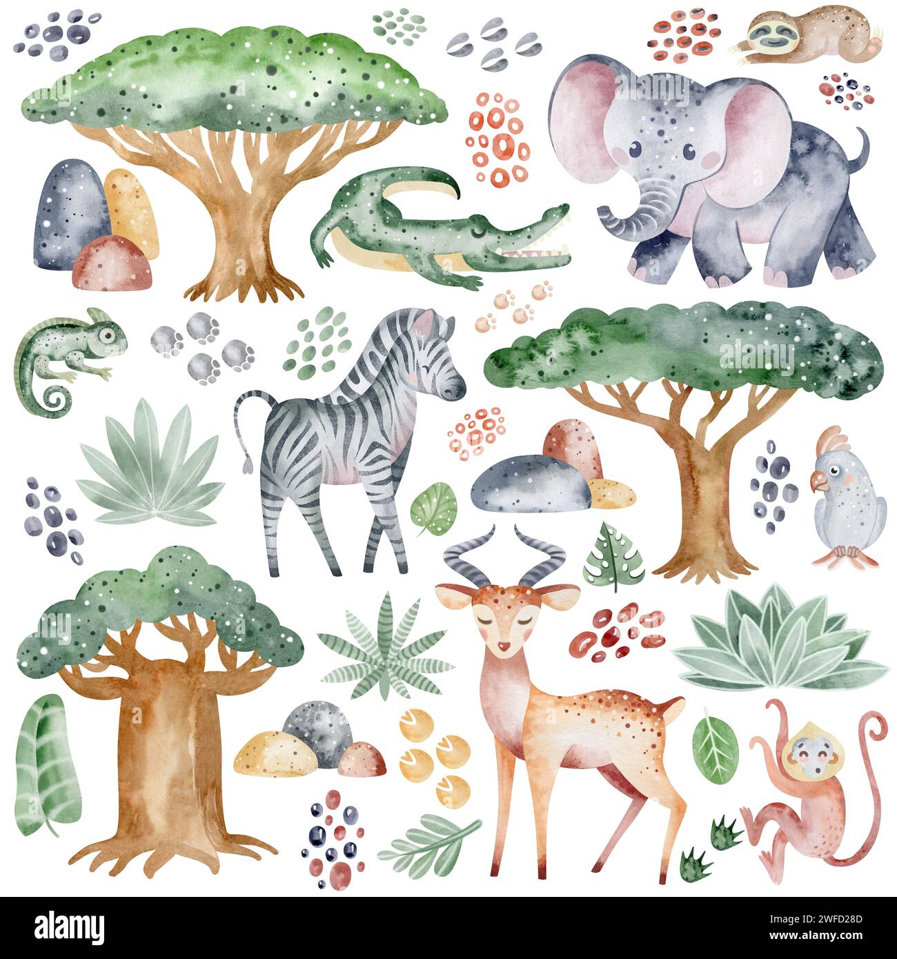 Raccolta di animali africani. Vivaio safari acquerello. I personaggi dei cartoni animati giraffa, rinoceronte e set di decorazioni, impronte e foglie. Foto Stock