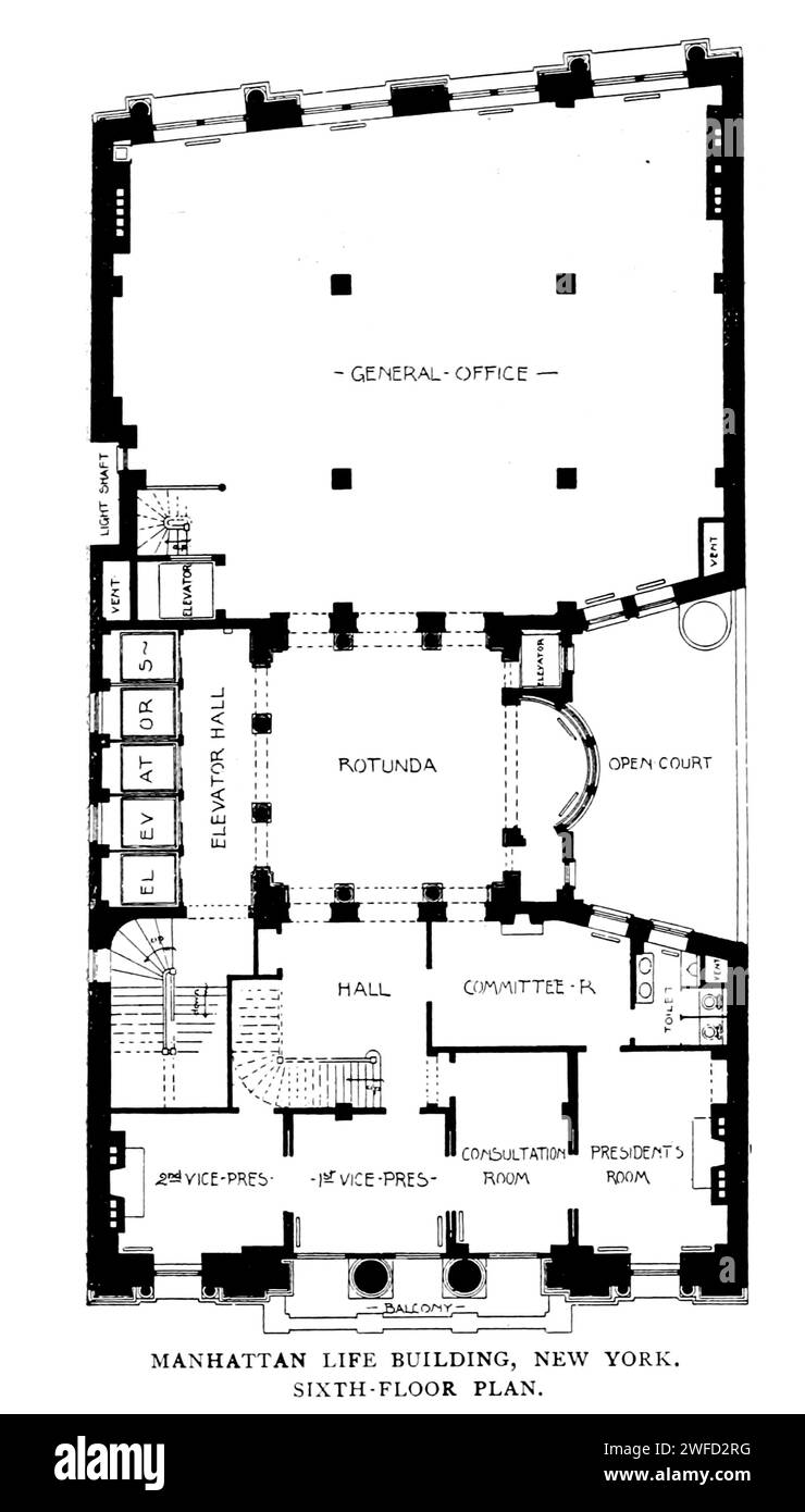 MANHATTAN LIFE BUILDING, NEW YORK. Sesto piano dall'articolo THE ARCHITECTURAL RELATIONS OF THE STEEL-SKELETON BUILDING.by F. H. Kimball. Dalla rivista Engineering Magazine dedicata al progresso industriale volume XI ottobre 1897 The Engineering Magazine Co Foto Stock