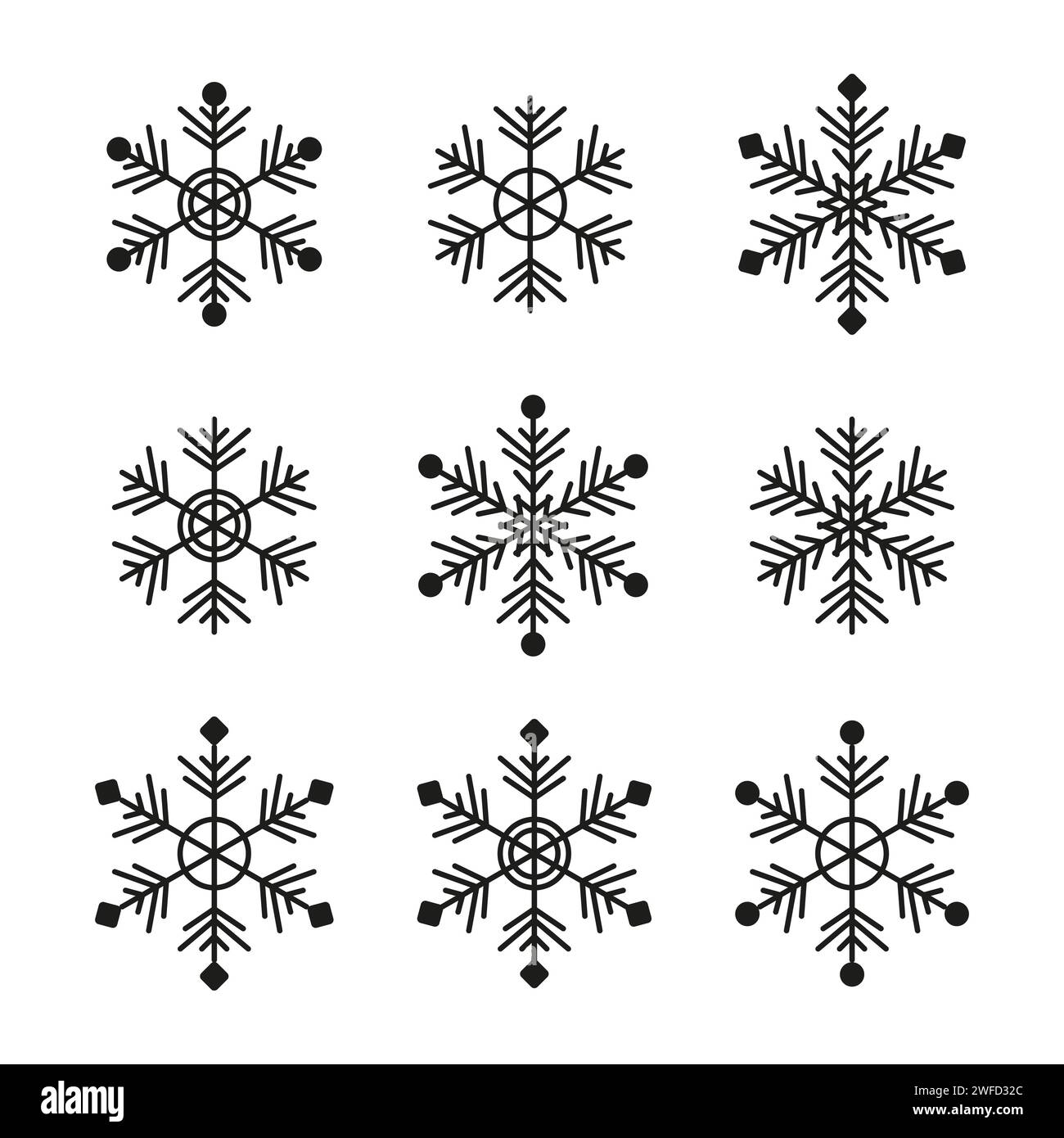 Icone di fiocchi di neve neri. Illustrazione vettoriale. Immagine stock. EPS 10. Illustrazione Vettoriale