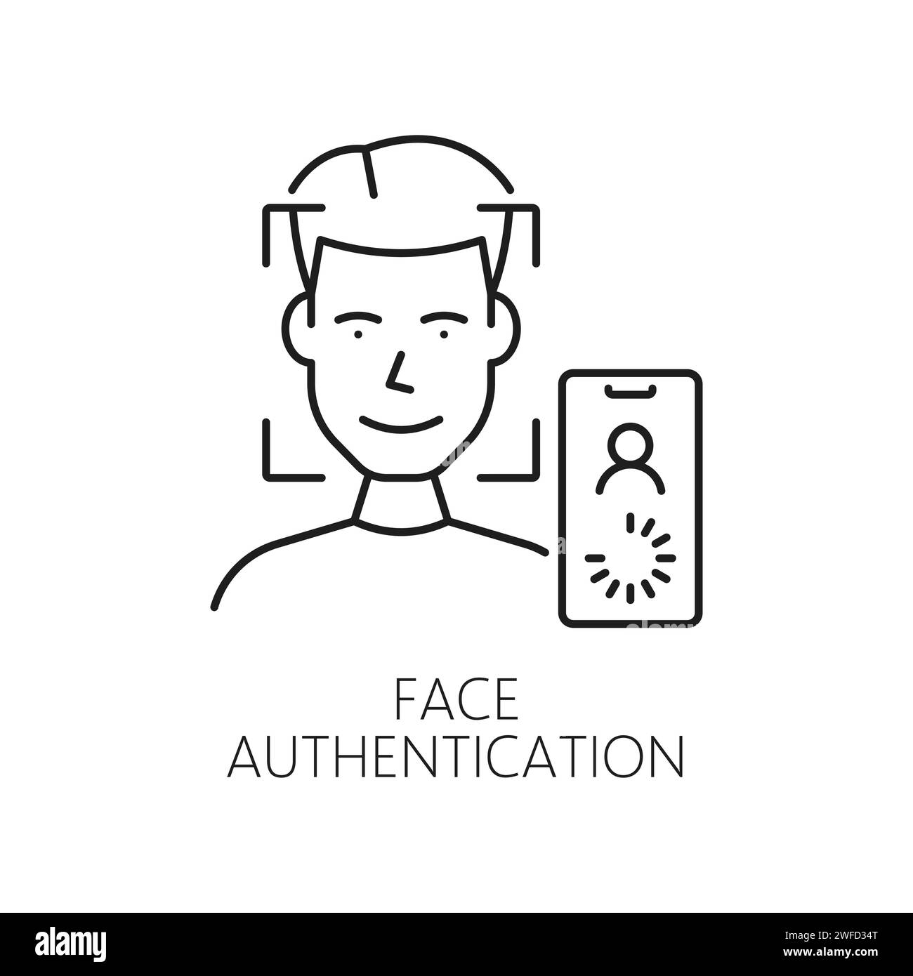 Icona del contorno dell'autenticazione del volto per il riconoscimento e la verifica biometrici, vettore di linea. Scansione dell'ID facciale o dell'identificazione del volto del telefono cellulare per la sicurezza e l'autenticazione dell'identità per lo sblocco dell'accesso Illustrazione Vettoriale