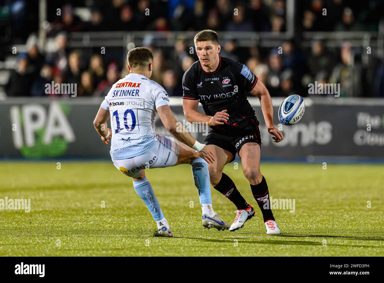 LONDRA, REGNO UNITO. 27 gennaio 2024. Owen Farrell dei Saracens (Capt.) in azione durante Saracens vs Exeter Chiefs Gallagher Premiership Rugby R10 AT Foto Stock