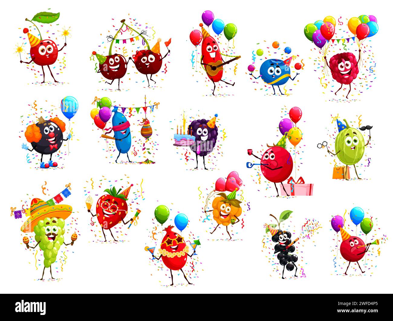 Cartoni animati, vivaci personaggi di bacche, feste di compleanno. Ciliegia vettoriale, barberry, mirtillo e lampone. Ribes nero, mirtillo, mora e mirtillo. Uva spina, uva e fragola Illustrazione Vettoriale