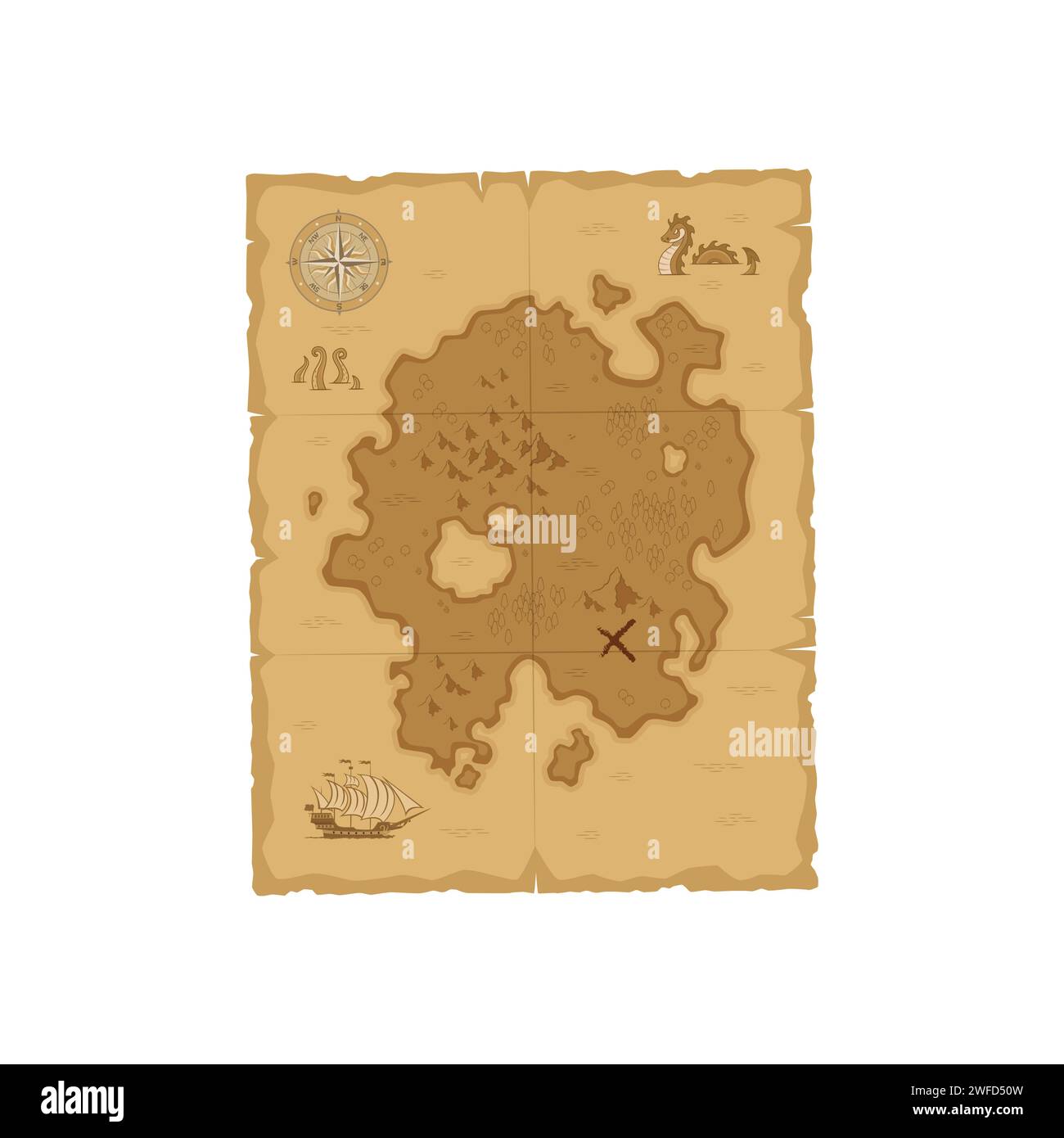 Mappa dei pirati Vector antica pergamena maledetta con segni misteriosi, brulicante di indizi avventurosi che conducono a tesori sepolti. La X segna il punto, decorata con una rosa della bussola e punti di riferimento illustrati Illustrazione Vettoriale
