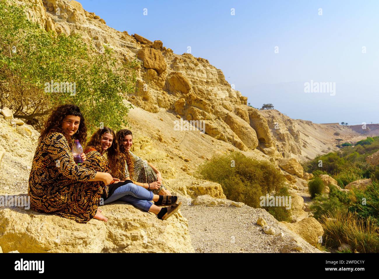 Ein Gedi, Israele - 18 gennaio 2024: Veduta degli escursionisti lungo un sentiero e un paesaggio nel torrente David, nella riserva naturale di Ein Gedi, vicino al Mar morto, Foto Stock