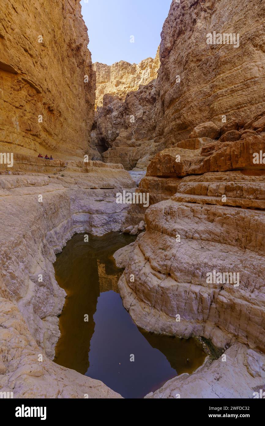 Masada, Israele - 19 gennaio 2024: Vista del paesaggio della valle desertica del Rahaf, con pozzanghere invernali e visitatori. Costa del Mar morto, deserto della Giudea, Foto Stock