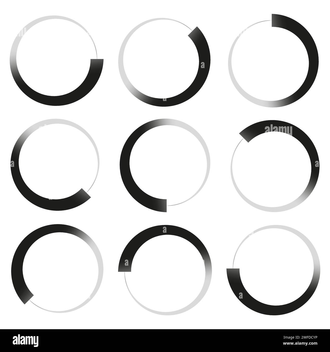 Precaricatore, forma tampone. Indicatore di avanzamento, fasi, fasi. Cerchio, icona di caricamento circolare. Illustrazione vettoriale. EPS 10. Immagine stock. Illustrazione Vettoriale