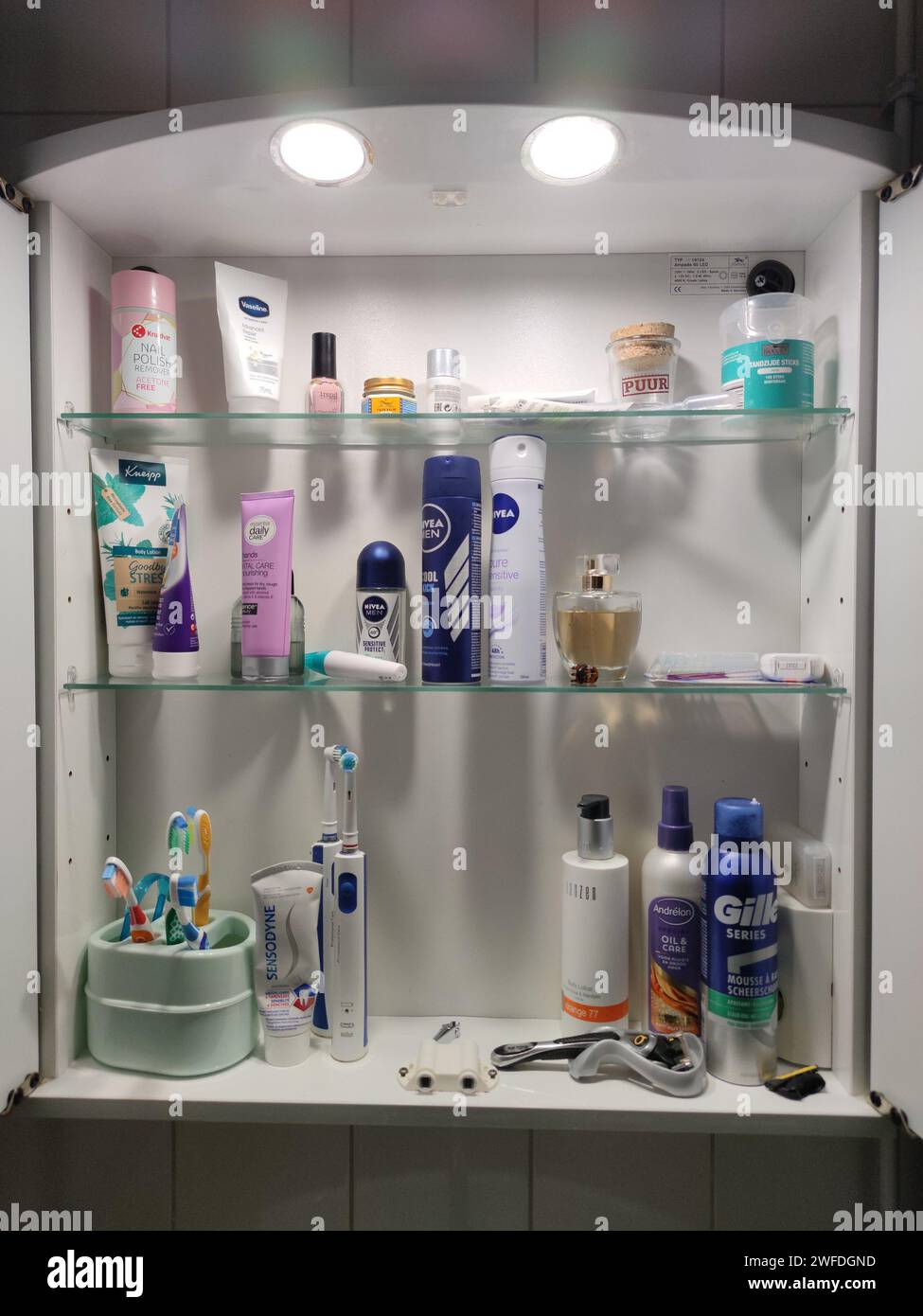 Gabinetto in bagno con tutti i tipi di prodotti per la cura della persona Foto Stock