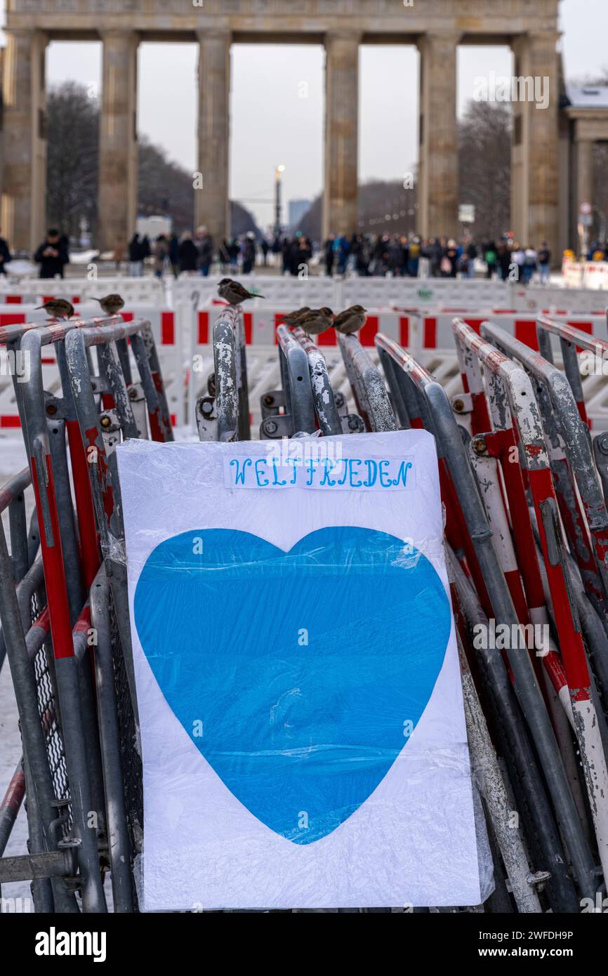 Dimostrazione, poster e barriere alla porta di Brandeburgo, Berlino, Germania Foto Stock
