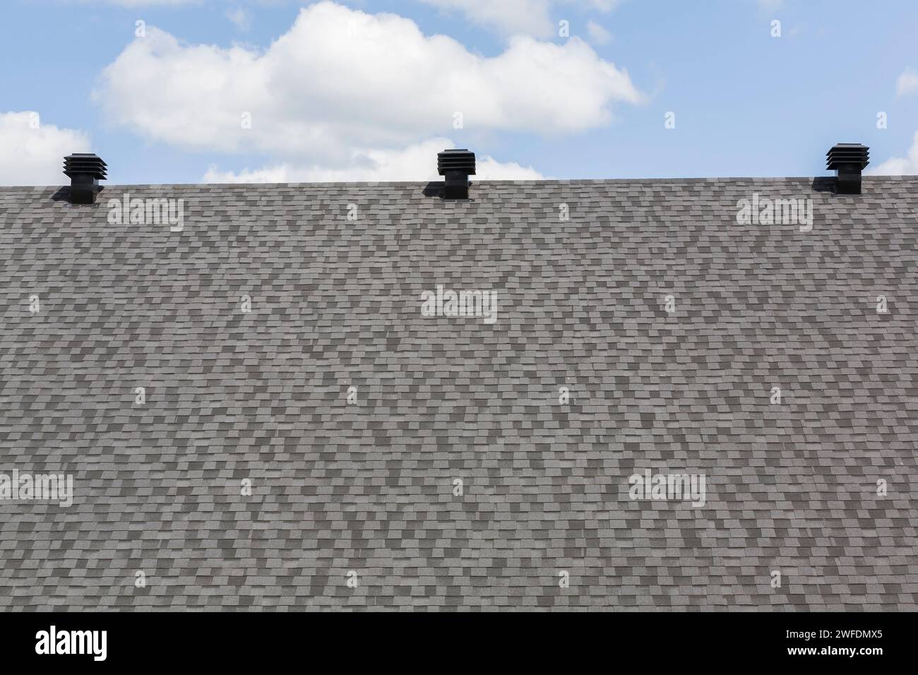 Tetto in asfalto grigio e carbone con prese d'aria in metallo nero. Foto Stock