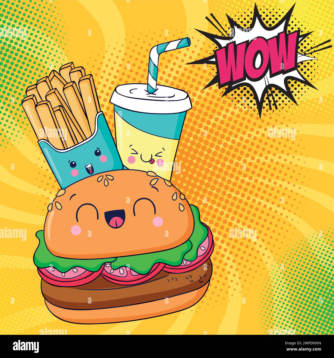 cartoni animati hotdog in stile pop art fast food Illustrazione Vettoriale