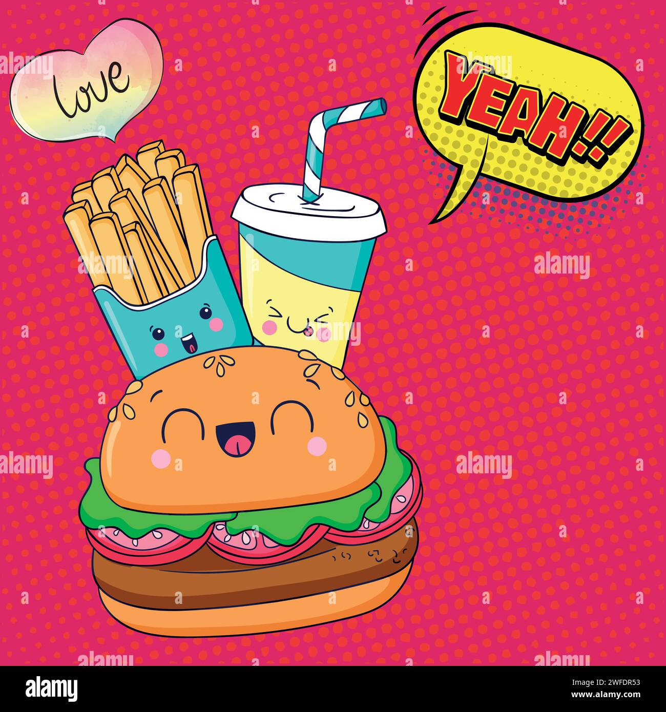 cartoni animati hotdog in stile pop art fast food Illustrazione Vettoriale