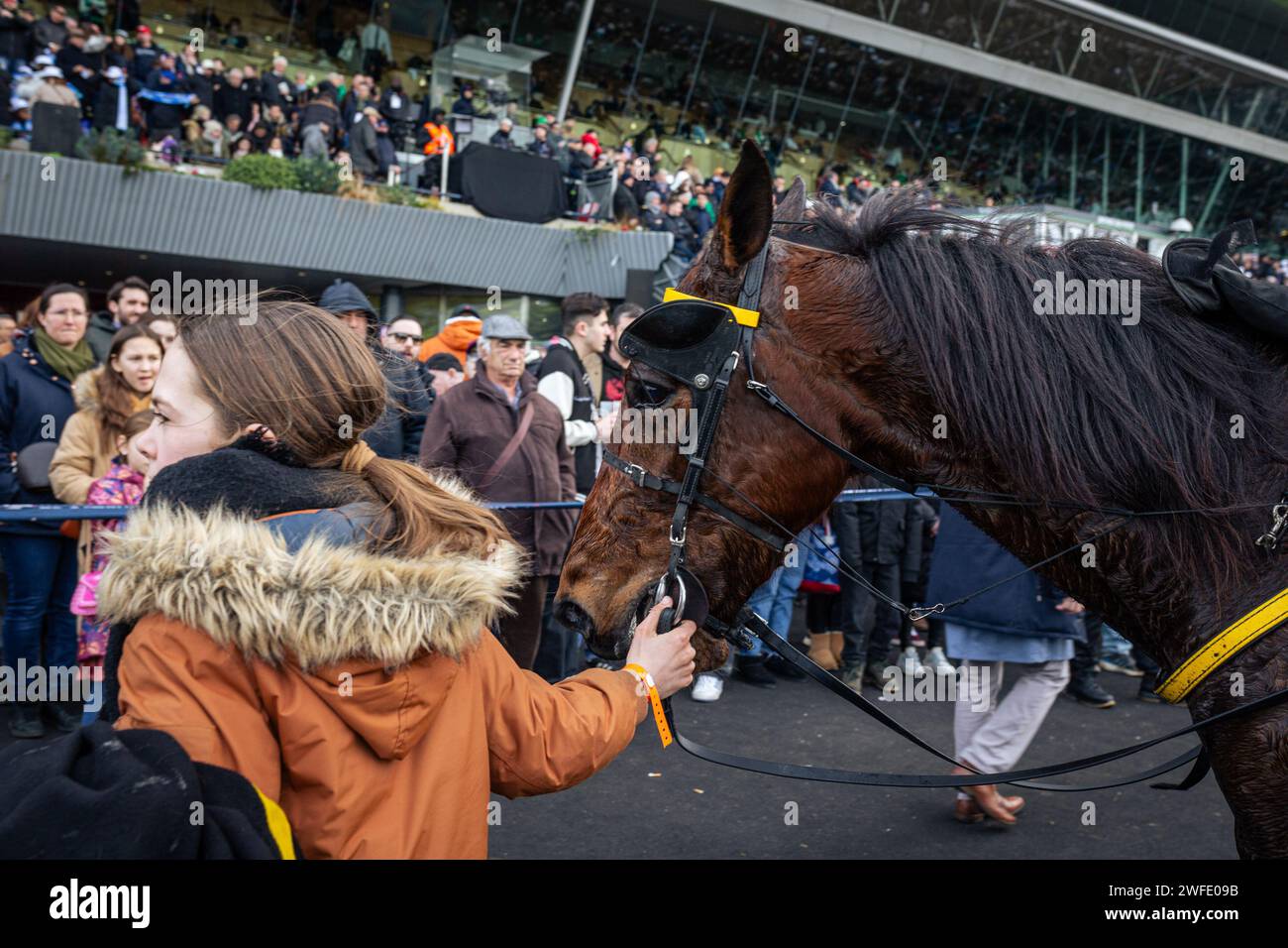 Un guardiano di cavalli riporta il suo cavallo alla stalla dopo la corsa, all'ippodromo di Vincennes. La gara di trotto più conosciuta al mondo, il Prix D'Amerique Legend Race, si è svolta nell'ippodromo di Vincennes, alla periferia di Parigi. Questa razza rimane una delle più importanti corse equestri al mondo, seguita da milioni di spettatori. Clement Duvaldestin e il suo cavallo Idao de Tillard furono i vincitori del Grand Prix d'Amerique 2024. Foto Stock