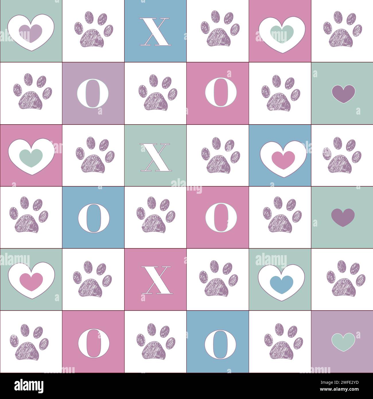 Graziosi cuori color pastello rosa, blu e verde a quadri con motivo di testo oxxo con impronte di zampe Illustrazione Vettoriale