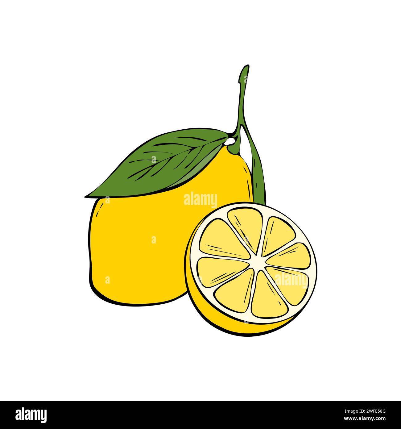 L'illustrazione mostra un limone giallo maturo attaccato al ramo con foglia verde. Illustrazione Vettoriale