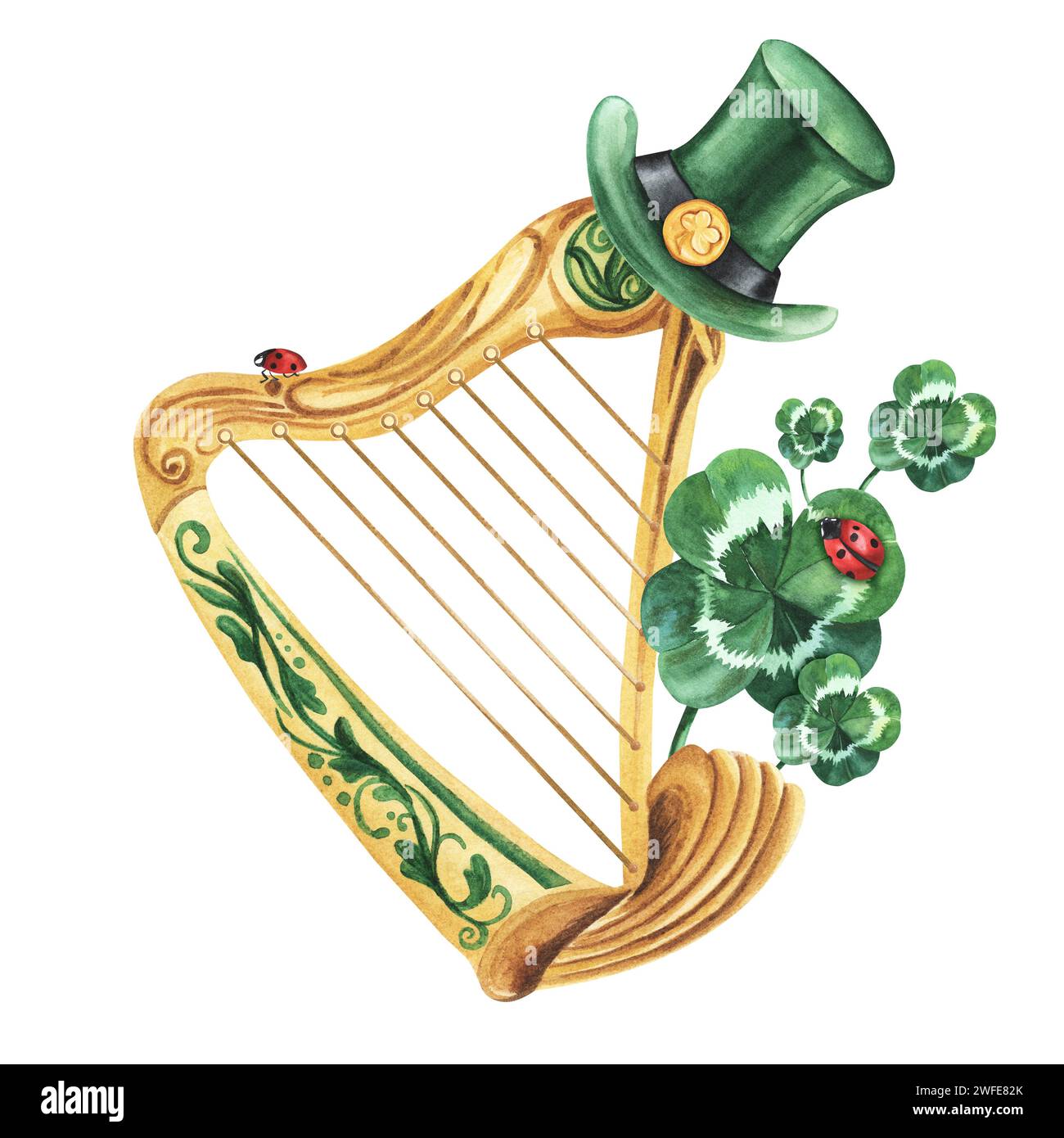 Set di oggetti fortunati per il giorno di San Patrizio: Arpa dorata, ferro di cavallo, pipa, bandiera irlandese, cappello del folletto, cuori, shamrock. Clipart acquerello. Foto Stock