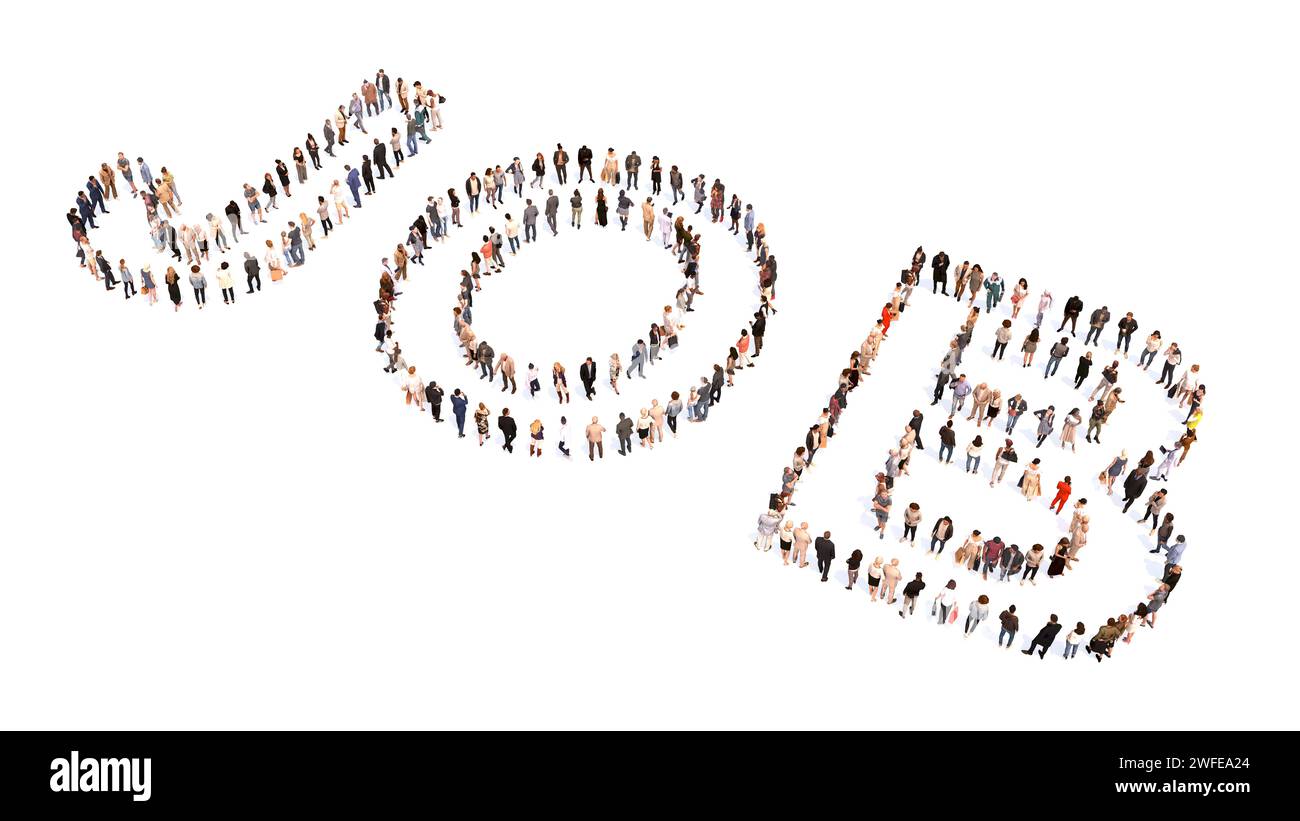 Concetto o grande comunità concettuale di persone che formano parola DI LAVORO. 3d metafora illustrativa per il lavoro, le risorse umane, l'occupazione, il reclutamento, la carriera Foto Stock