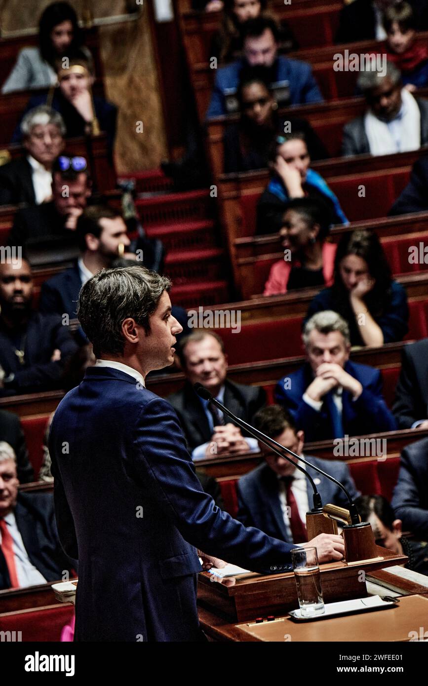 Parigi, Francia. 30 gennaio 2024. Antonin Burat/le Pictorium - discorso del primo Ministro Gabriel Attal di fronte all'Assemblea nazionale francese - 30/01/2024 - Francia/Ile-de-France (regione)/Parigi - il primo Ministro Gabriel Attal pronuncia il suo discorso di politica generale davanti all'Assemblea nazionale francese, il 30 gennaio 2024. Crediti: LE PICTORIUM/Alamy Live News Foto Stock