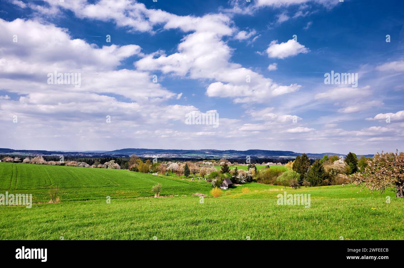 Paesaggio idilliaco in primavera con un magnifico cielo nella Svizzera Franconica vicino a Kalchreuth, vicino a Norimberga, Germania Foto Stock