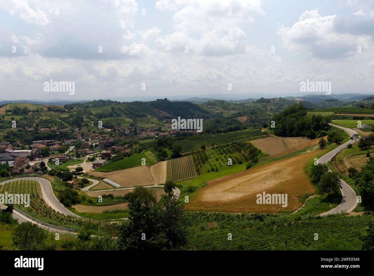 Tipico panorama collinare delle Langhe, Italia, terra del vino Barolo Foto Stock