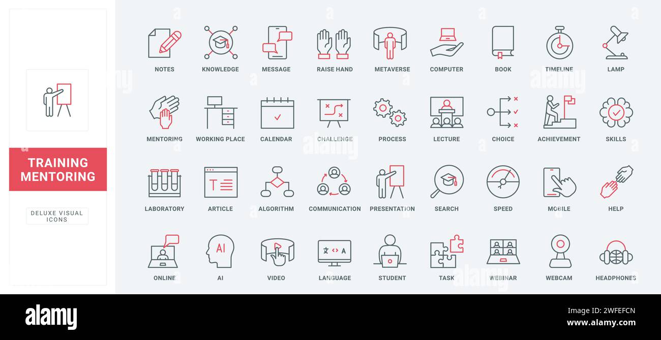 Set di icone di linea per consigli di esperti aziendali, tutor e formativi. Guida, workshop di formazione per aiutare e insegnare agli studenti a migliorare le potenziali competenze simboli di contorno neri e rossi sottili, illustrazione vettoriale Illustrazione Vettoriale