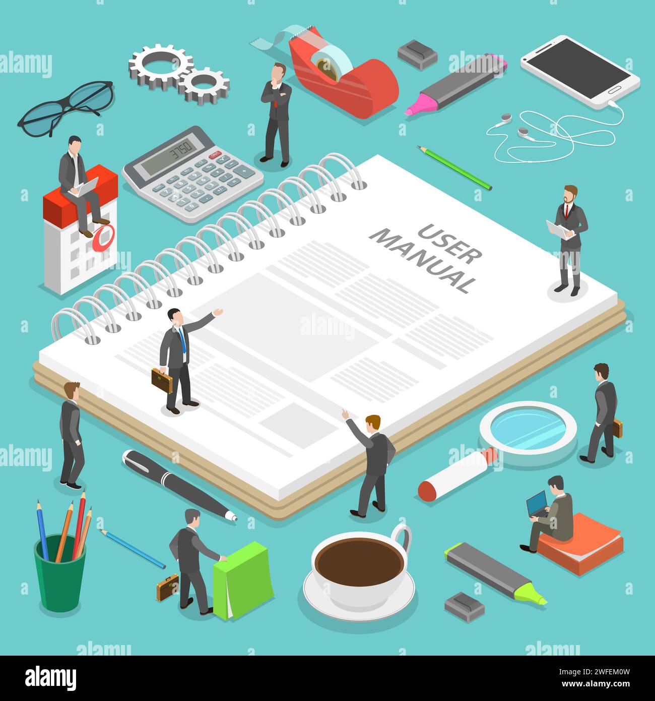 Manuale utente flat isometrica concetto vettoriale. Persone, circondato con un po' di roba di office, stanno discutendo di un contenuto del libro guida. Illustrazione Vettoriale