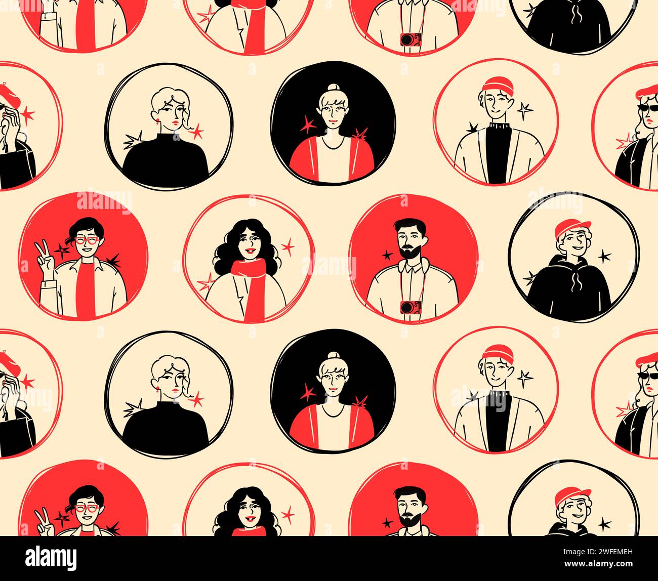 Ritratti di persone pattern vettoriale senza cuciture. Illustrazione Vettoriale