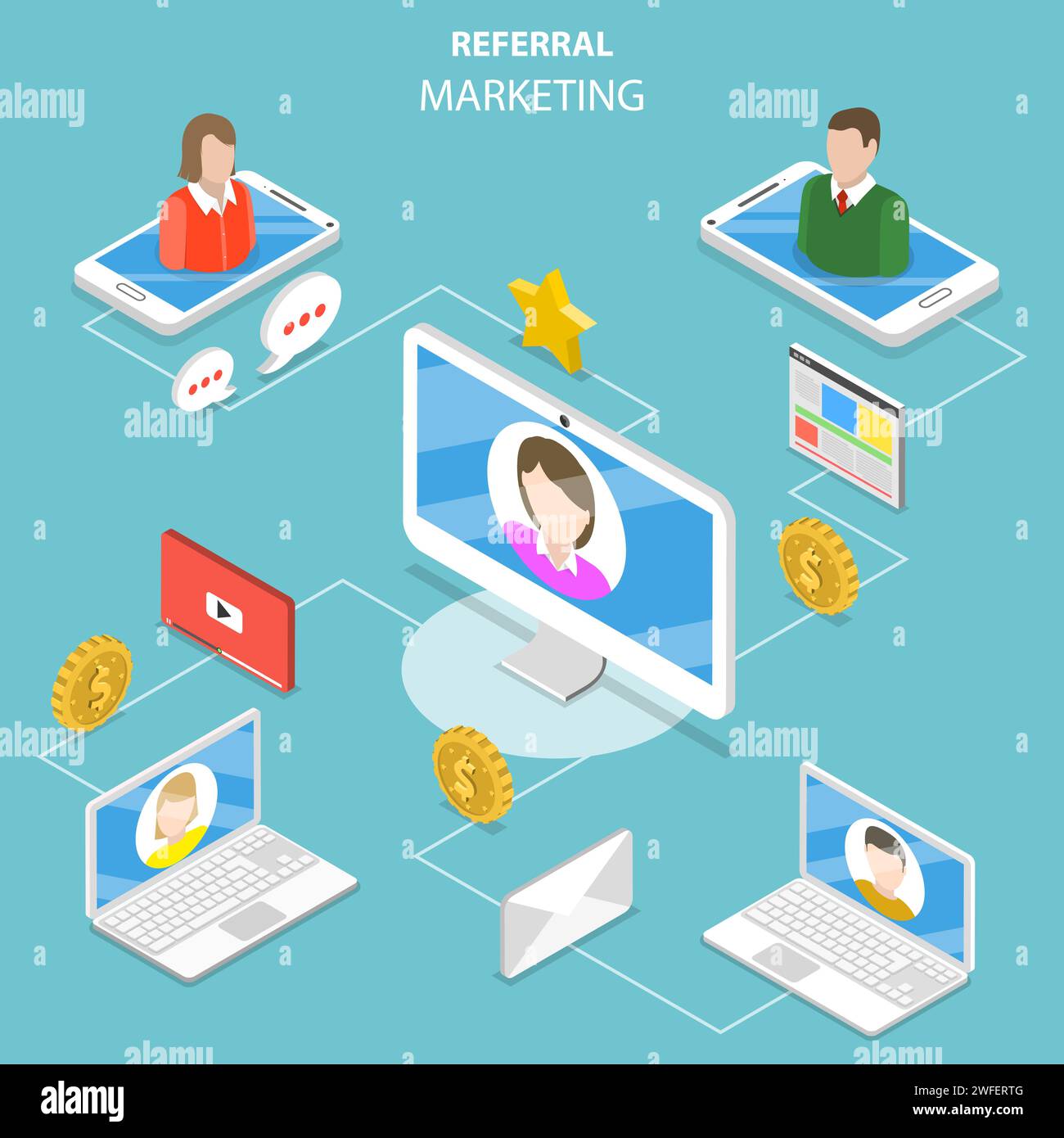 Piatto vettore isometrica concetto di rete e di marketing di affiliazione, programma referral strategia di partnership aziendali. Illustrazione Vettoriale